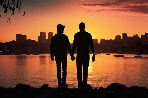 Premium AI Image Happy Gay Men In Silhouette Holding Hands Amid A Sunset City By The Sea