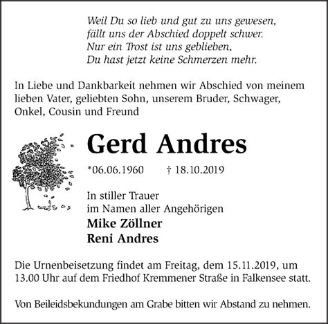 Traueranzeigen Von Gerd Andres M Rkische Onlinezeitung Trauerportal