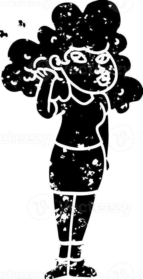 Line Drawing Cartoon Girl Playing With Hair Distressed Icon 45333844 Png