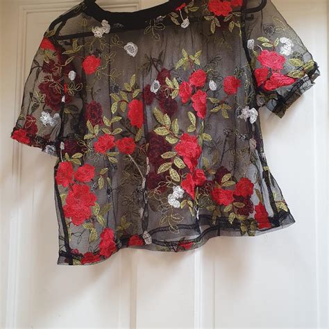 Floral Embroidered Mesh Crop Top UK XS Tags Depop