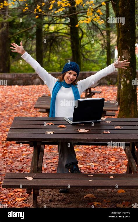 woman laptop notebook computers computer park put sitting sit