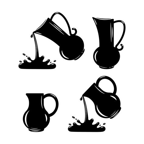 Set Of Vector Monochrome Jugs Pouring Water From A Jug Vector