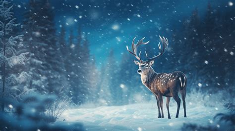 Deer Standing In A Snow Field In Christmas Night Merry Christmas