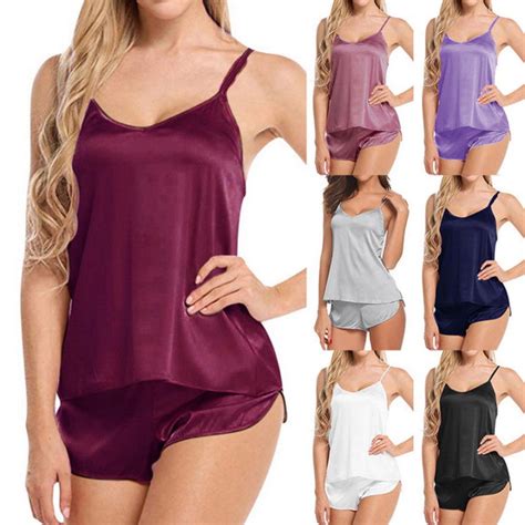 Oeak Sexy Sleepwear Set For Women Simulation Silk Thin Pajamas V Neck