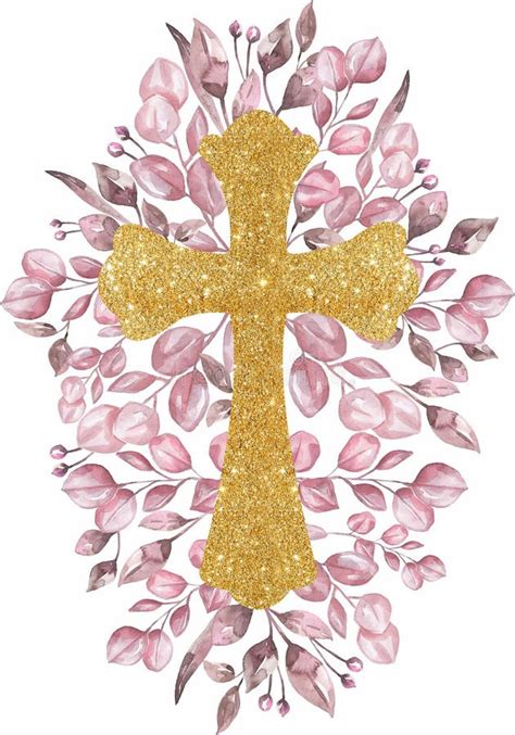 Watercolor Hand Painted Pink Florals And Gold Cross Clipart Easter