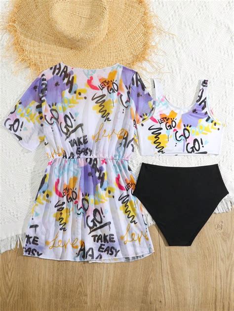 Tween Girls 3pcs Set Random Graffiti Print Bikini Swimwear SHEIN USA