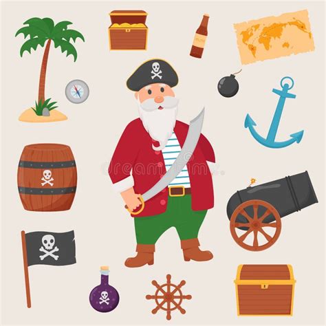 Bundle Pirate Set Isolated On White Background Bundle Pirate Treasure Map Rum Ship Wheel