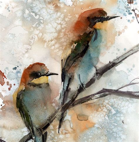 Bee Eater Birds Couple Watercolor Painting Watercolour By Sophie Rodionov Artfinder