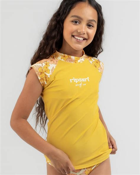 Shop Rip Curl Girls Cosmic Paradise Short Sleeve Rash Vest Set In Honey Fast Shipping And Easy