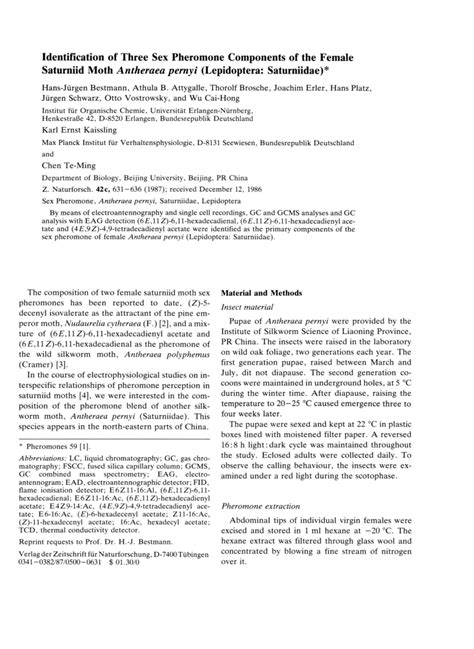 Pdf Identification Of Three Sex Pheromone Components Of The Female