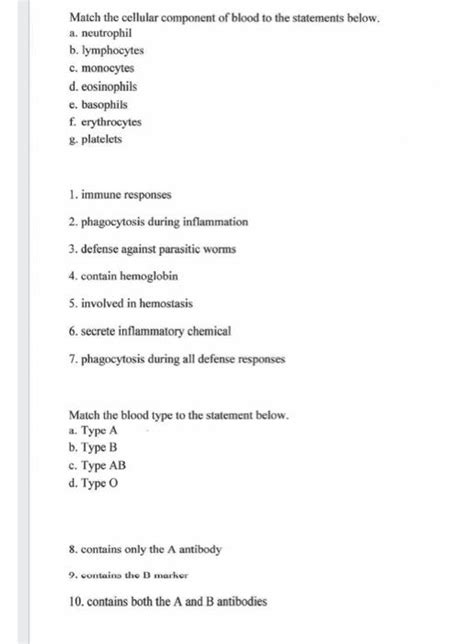 Solved Match The Cellular Component Of Blood To The Chegg