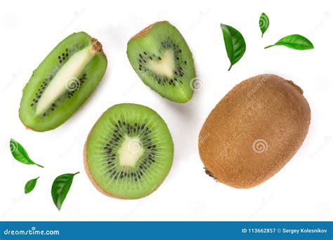 Kiwi Fruit With Slices Decorated With Green Leaves Isolated On White