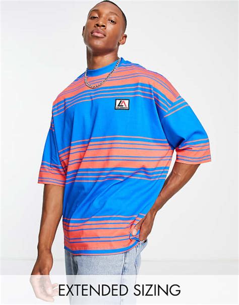 Asos Design Oversized Stripe T Shirt In Blue And Red With Chest Print Asos