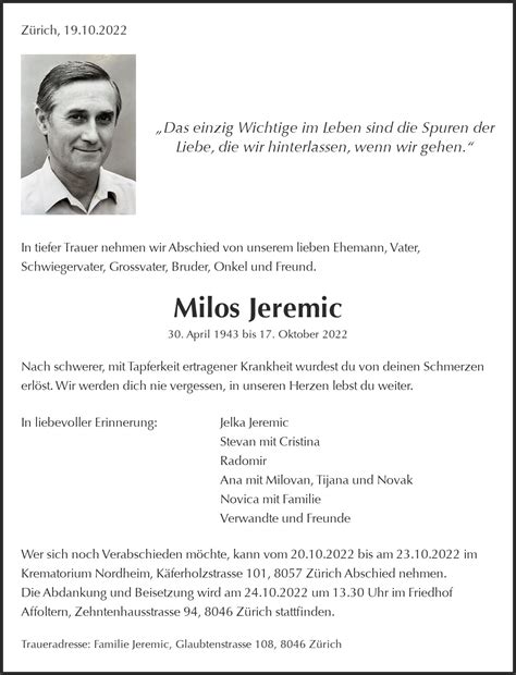 Avis de décès Milos Jeremic Zürich avisdeces ch