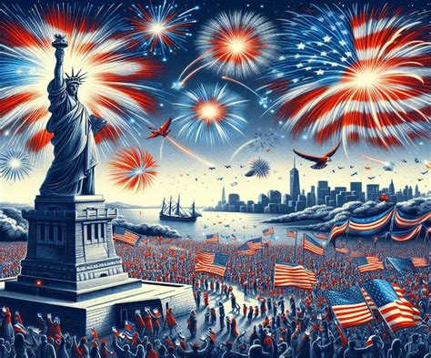 Premium Photo | A poster with fireworks and the statue of liberty and ...