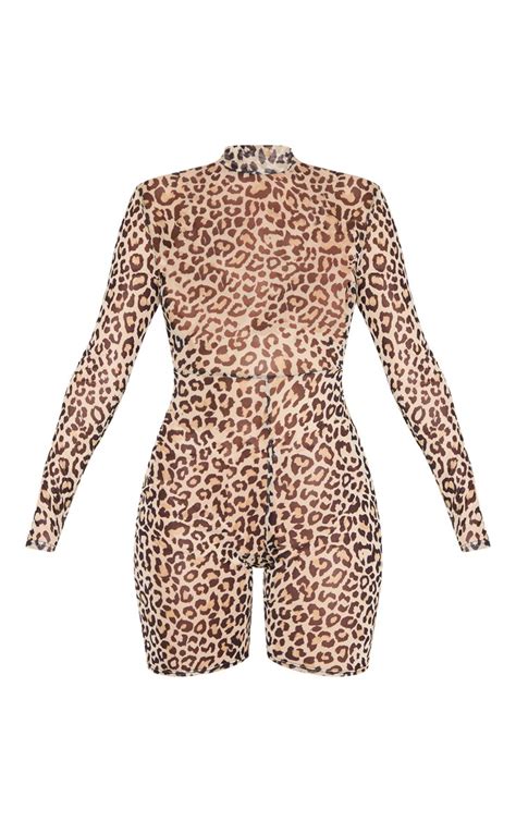 Tan Leopard Print Mesh Long Sleeve Unitard Prettylittlething Usa