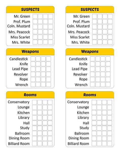 Board Game Clue Sheets Printable | Clue games, Clue board game, Printable board games