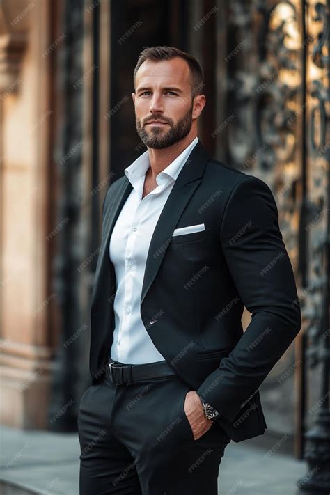 A Handsome Muscular Man In A Tailored Black Suit With A White Shirt Premium Ai Generated Image