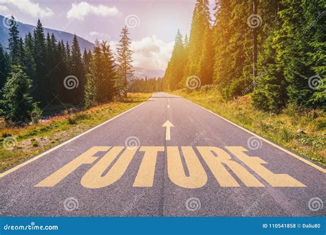 Future Text On Road Against Asphalt Background In Nature Stock Photo