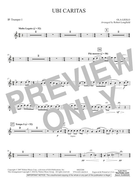 Ubi Caritas Arr Robert Longfield Bb Trumpet 1 Sheet Music Ola