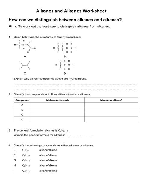 Alkanes And Alkenes Worksheet