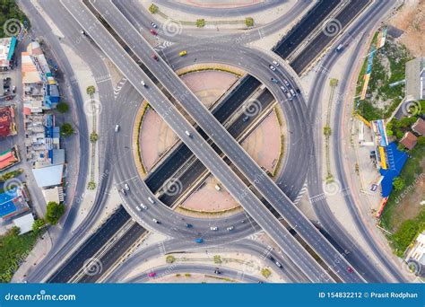 Aerial View Above Of Busy Highway Road Junctions At Day The