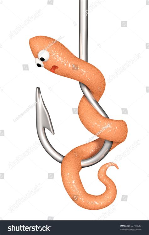 3d Scared Worm On A Fishing Hook Isolated Over White Stock Photo