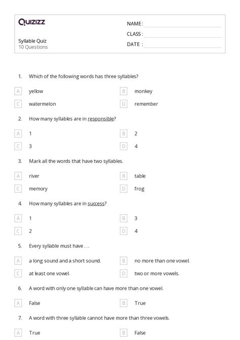 50 Syllables Worksheets For 4th Grade On Quizizz Free Printable