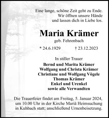 Traueranzeigen von Maria Krämer Schwarzwälder Bote Trauer