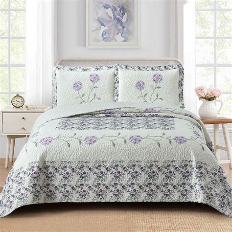 Carnation Rose Floral Lavender Purple Quilted Embroidered Bedspread Bedding