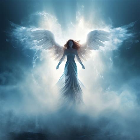 Premium Ai Image Angel With Blue Wings Standing On The Fog In The