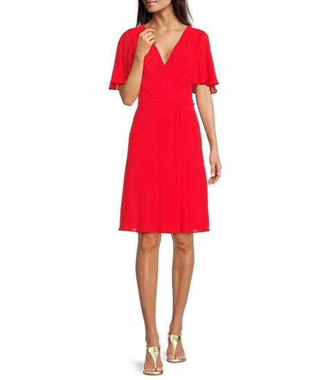 Lauren Ralph Lauren Percy Short Flutter Sleeve Surplice V Neck Ruched Chiffon Faux Wrap Dress