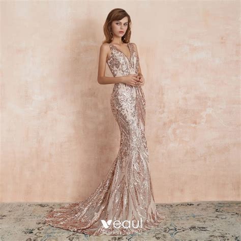 Elegant Champagne Sequins Evening Dresses 2020 Trumpet Mermaid Deep V