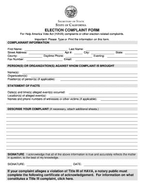 Fillable Online Sbcvote Secretary Of State Election Complaint Form