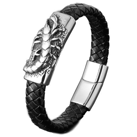 Bracelet Homme Cuir Tresse Zodiaque Scorpion Fermoir Acier