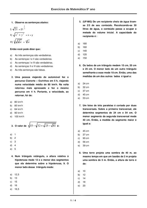 MATEMÁTICA 9 ANO GABARITO ATIVIDADES EXERCÍCIOS PROVAS AVALIAÇÕES