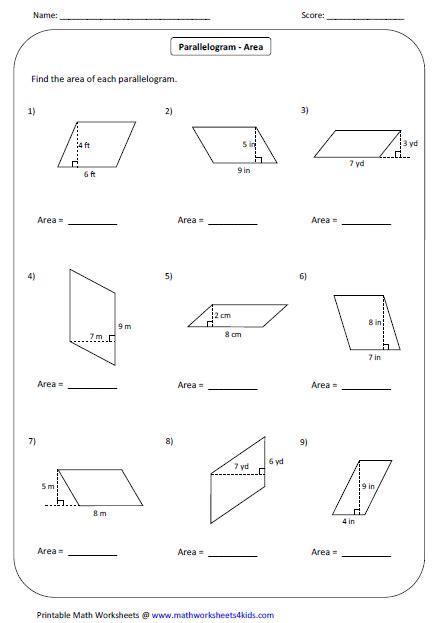 Area Of A Parallelogram Worksheets Area Of Parallelogram Wor