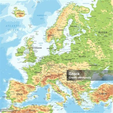 Europe Highly Detailed Topographic Relief Vector Map Of The Europe ...