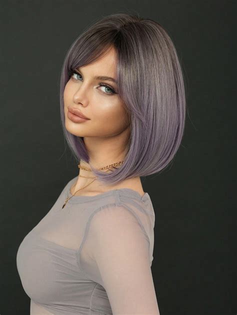 Ombre Short Purple Wig Bob Straight Synthetic Wig With Side Bangs High