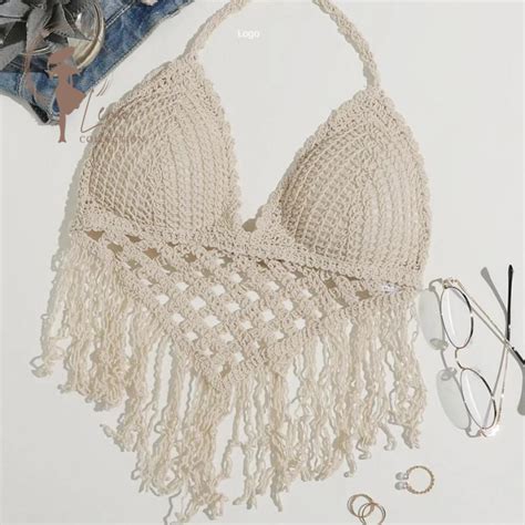 Fringe Hem Halter Crochet Bikini Top With PAD Summer Beachwear Top