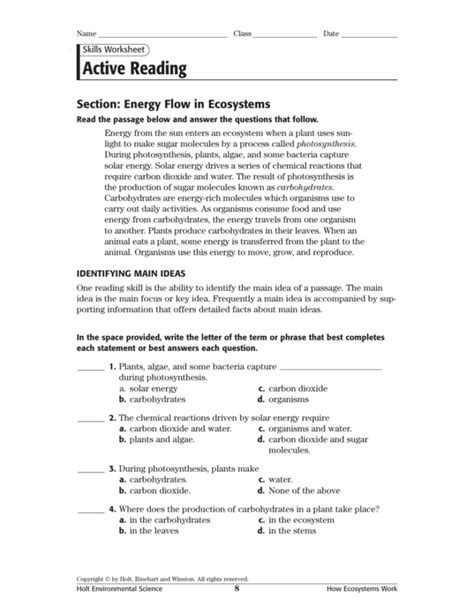 Holt Environmental Science Skills Worksheet Active Reading Answer Key — Db