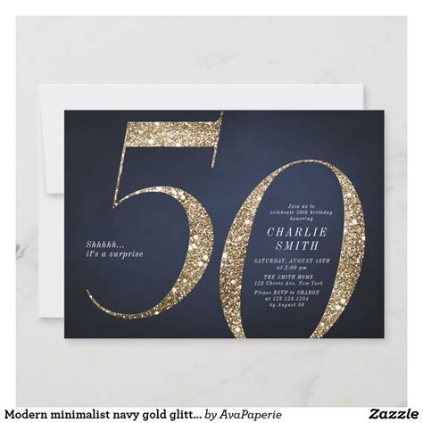 Modern Minimalist Navy Gold Glitter 50th Birthday Invitation Zazzle