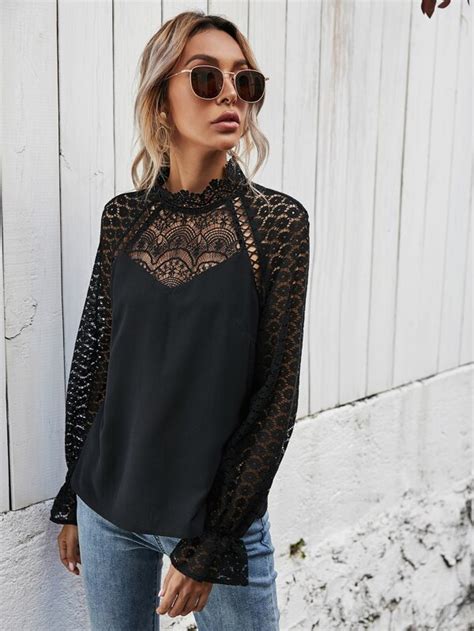 Shein Frenchy Guipure Lace Panel Keyhole Back Blouse Shein Usa