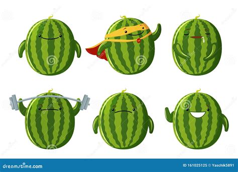 Set Cute Watermelon Characters Kawaii Fruit Vector Characters Isolated