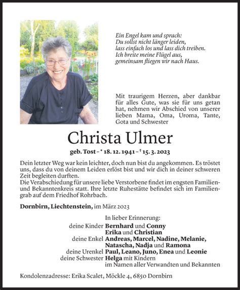 Todesanzeigen Von Christa Ulmer Todesanzeigen Vorarlberger Nachrichten