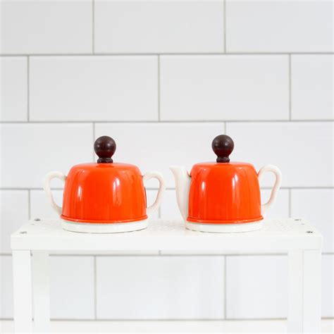 SOLD - Mid Century Modern Cream & Sugar Set with Orange Aluminum Cozie – Wise Apple Vintage