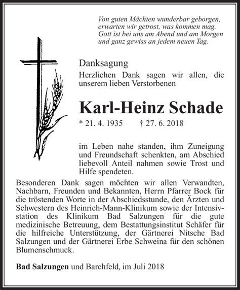 Traueranzeigen Von Karl Heinz Schade Franken Gedenkt De