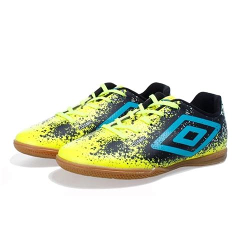 Chuteira Indoor Umbro Cosmic Jr Infantil Masculina Azul Verde limão