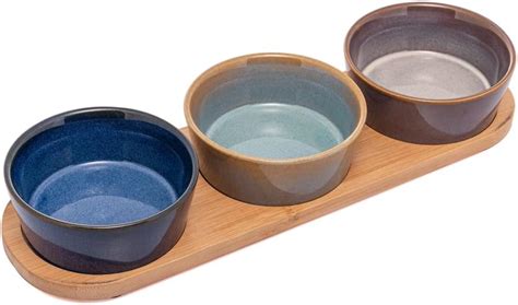 Conjunto 3 Petisqueiras de Cerâmica Bandeja de Bambu 10cm x 32cm x