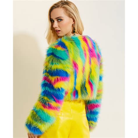 Women S Colorful Faux Fur Long Sleeve Open Front Short Coat N